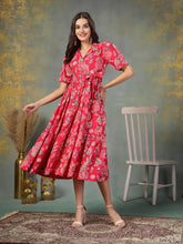 Women's Pink Tropical Printed Rayon Tiered Dress-DRSPINKSOMIL